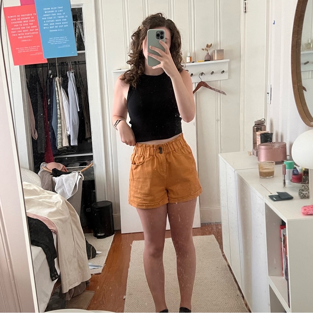 orange paperbag shorts